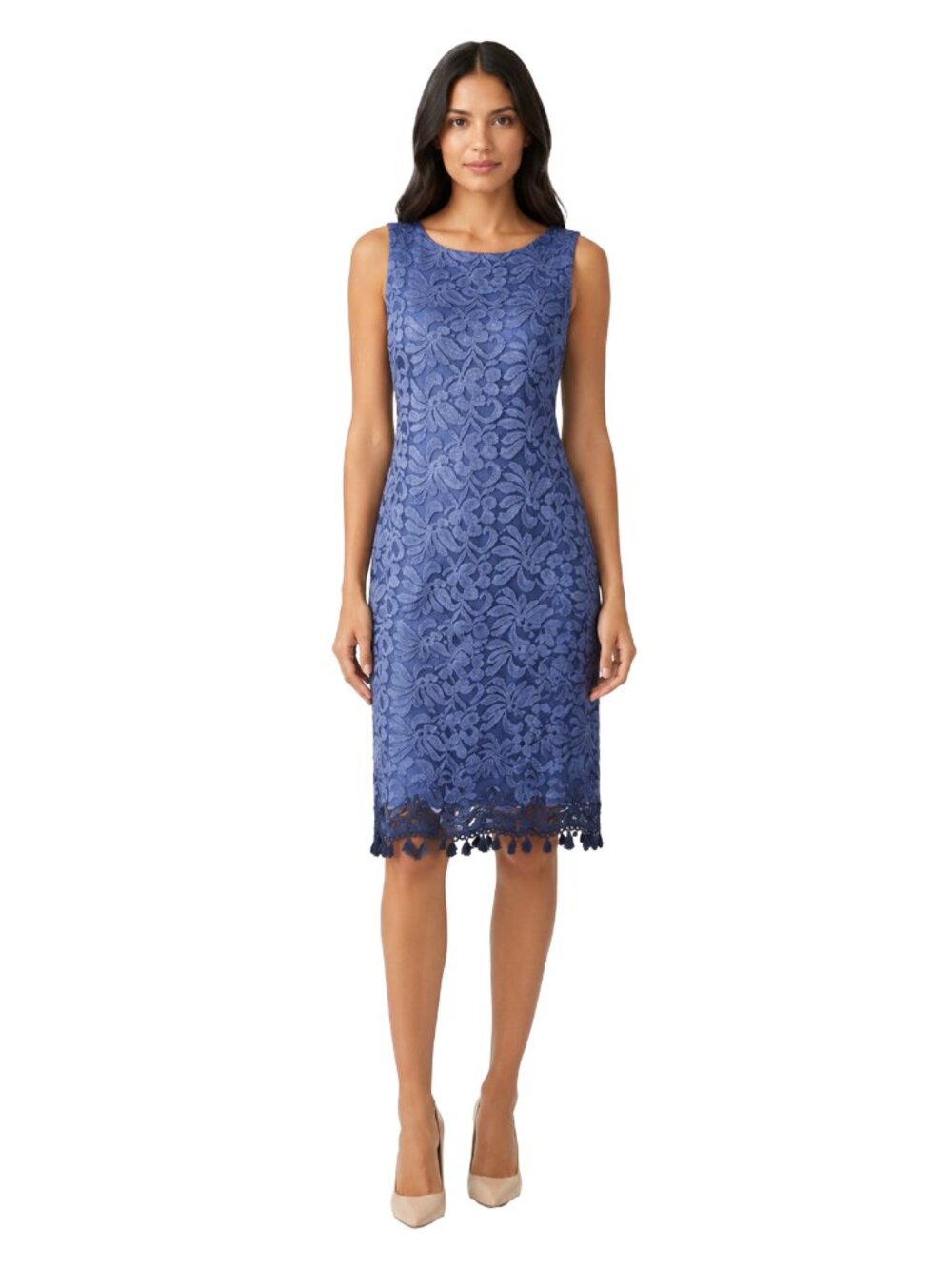 Jessica Howard Blue Lace Shift Dress Tassel Hem Sleeveless Size 12